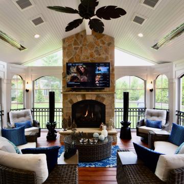 Covered patio seating area with stone fireplace and mounted TV